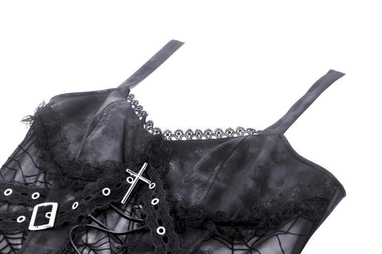 Black Lace Spiderweb Mesh Punk Suspender Dress - image 6
