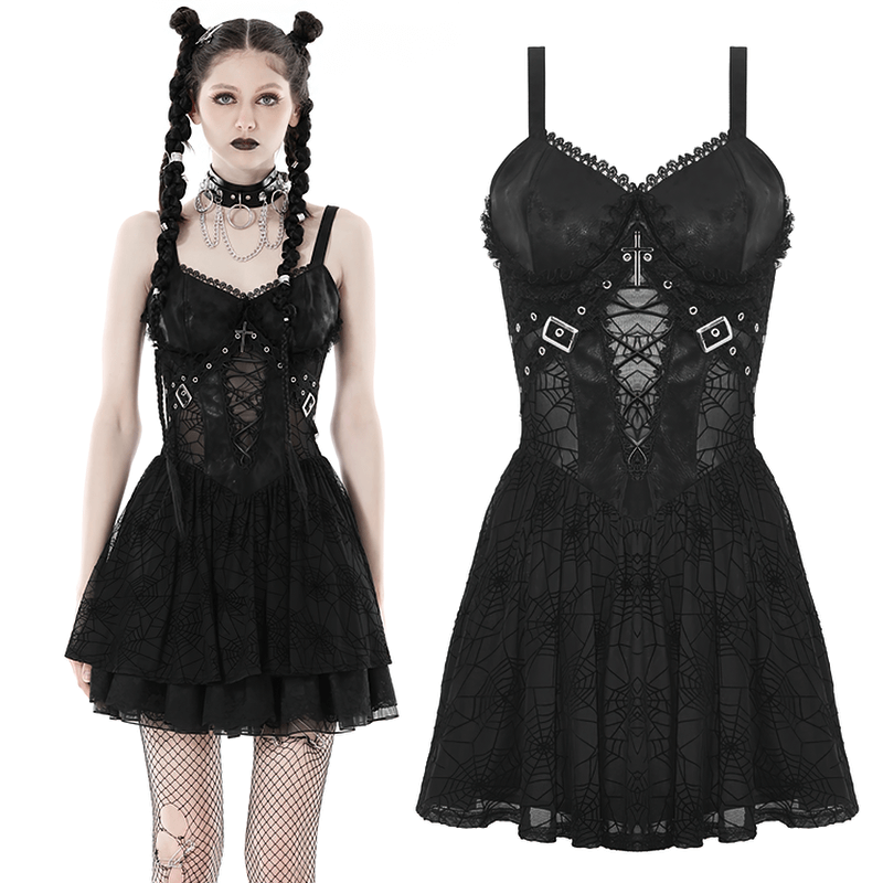 Black Lace Spiderweb Mesh Punk Suspender Dress - image 3
