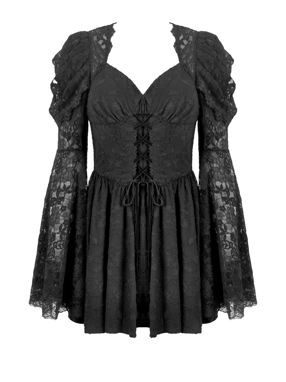 Black Lace-Up Gothic Mini Dress with Bell Sleeves - image 4