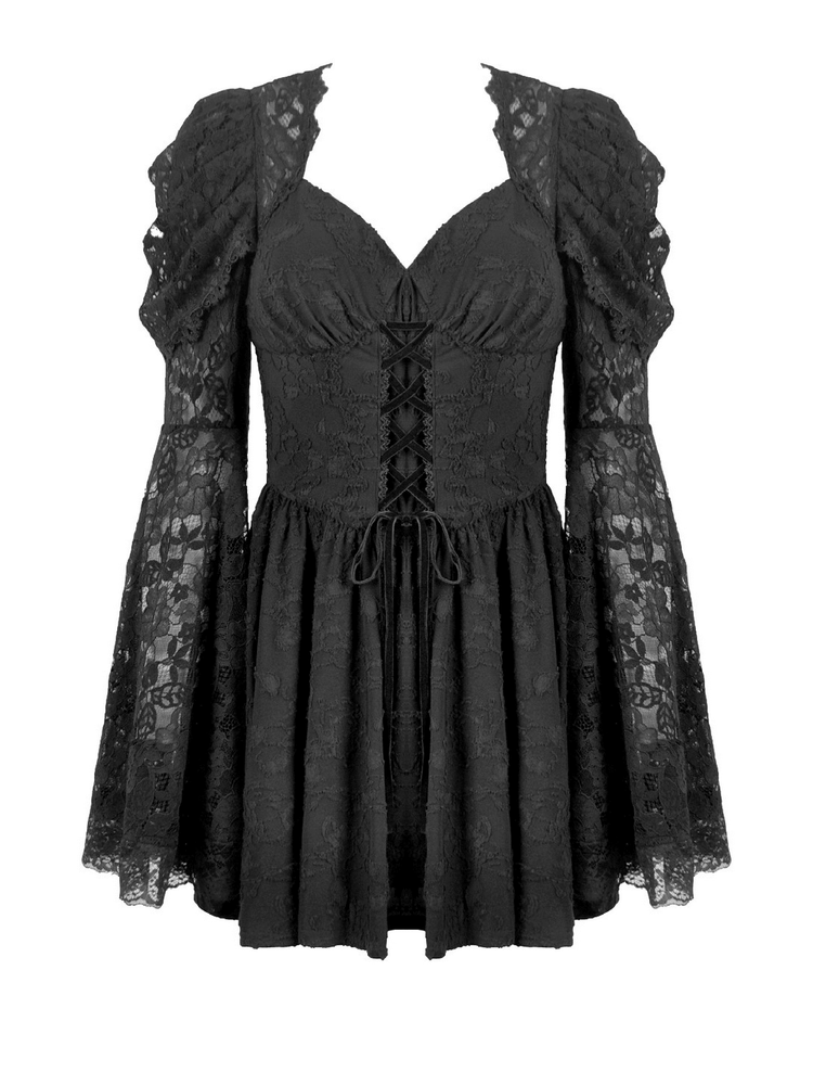 Black Lace-Up Gothic Mini Dress with Bell Sleeves - image 4