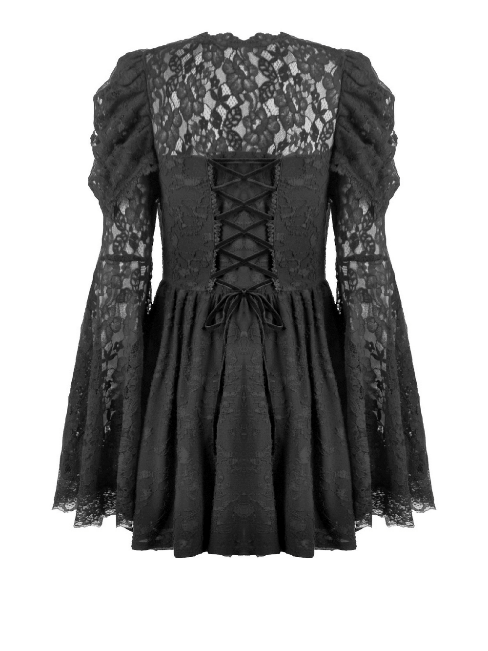 Black Lace-Up Gothic Mini Dress with Bell Sleeves - image 5