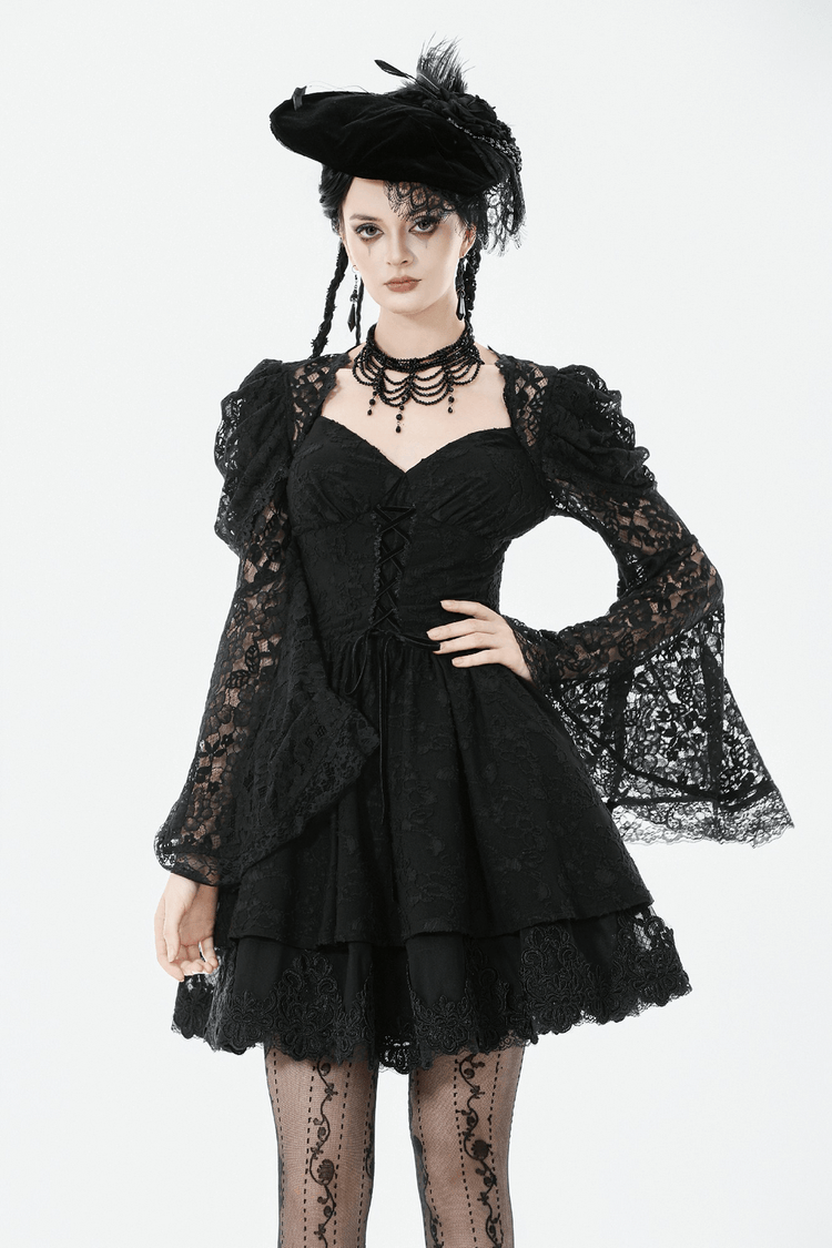 Black Lace-Up Gothic Mini Dress with Bell Sleeves - image 13