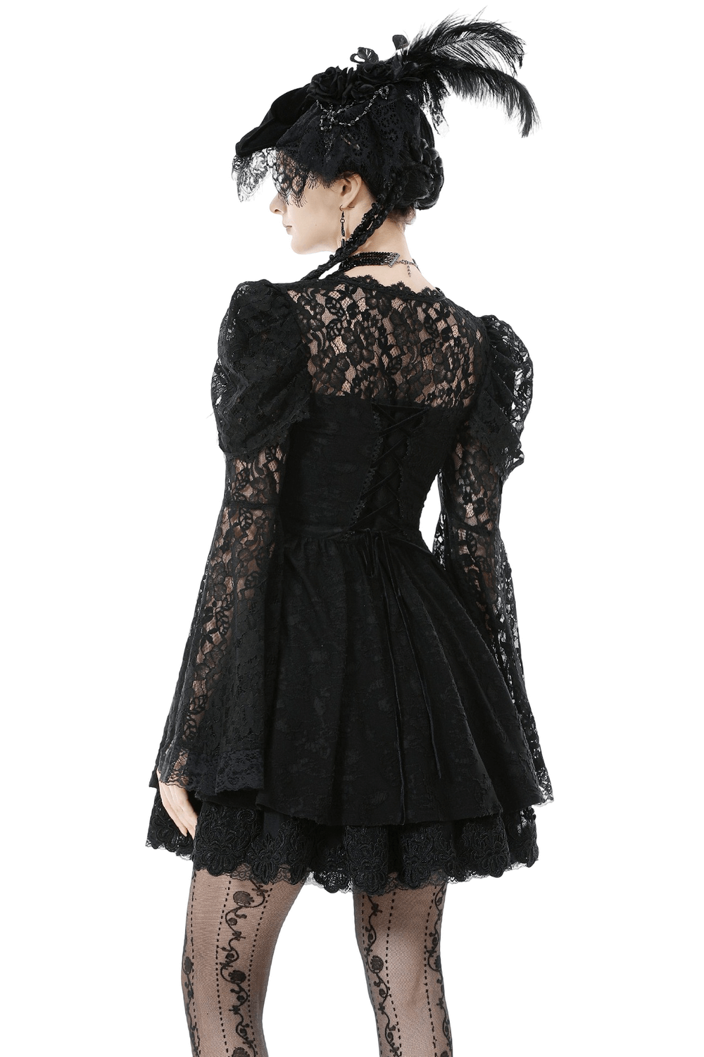 Black Lace-Up Gothic Mini Dress with Bell Sleeves - image 2