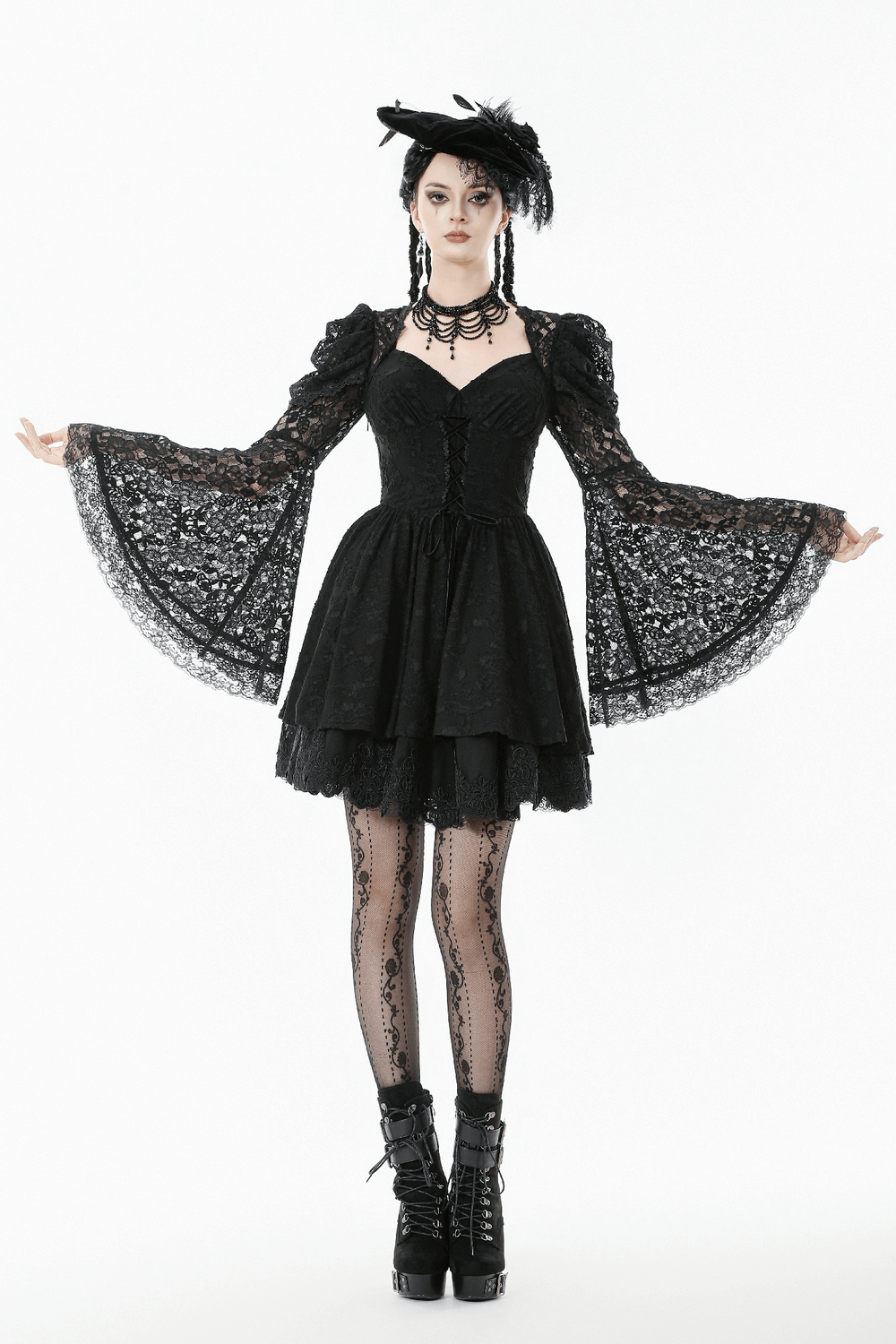 Black Lace-Up Gothic Mini Dress with Bell Sleeves - image 14