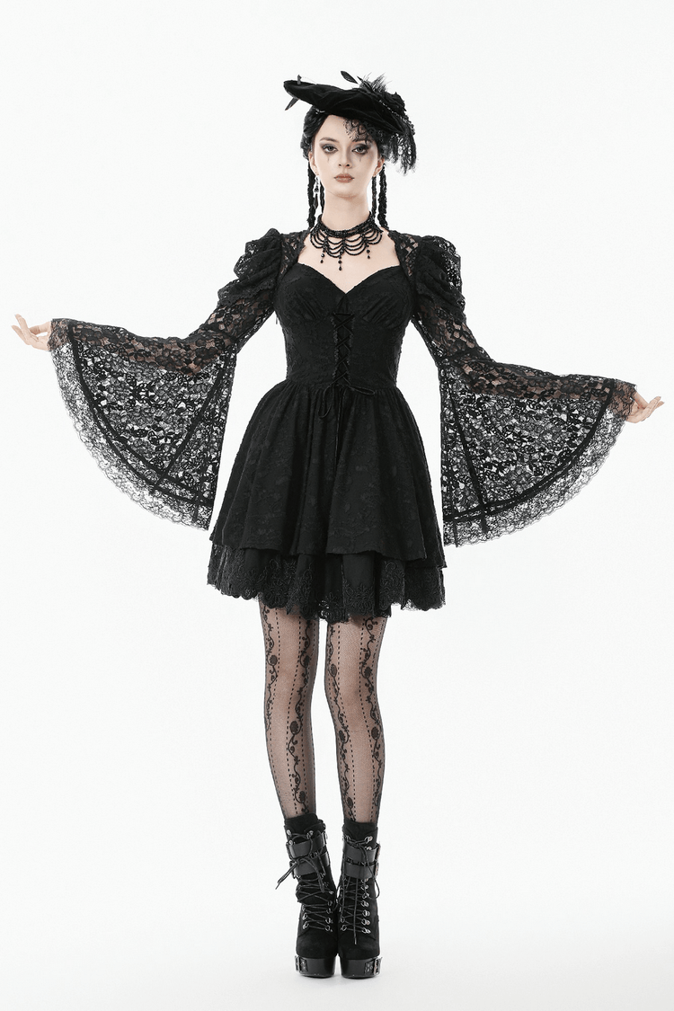 Black Lace-Up Gothic Mini Dress with Bell Sleeves - image 14