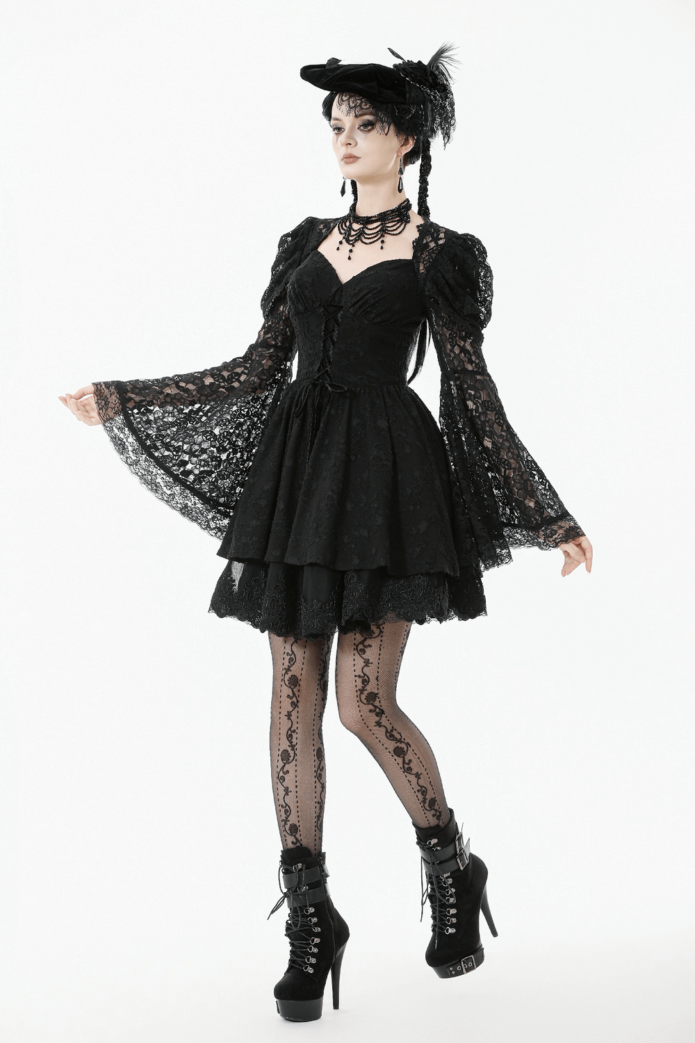 Black Lace-Up Gothic Mini Dress with Bell Sleeves - image 15