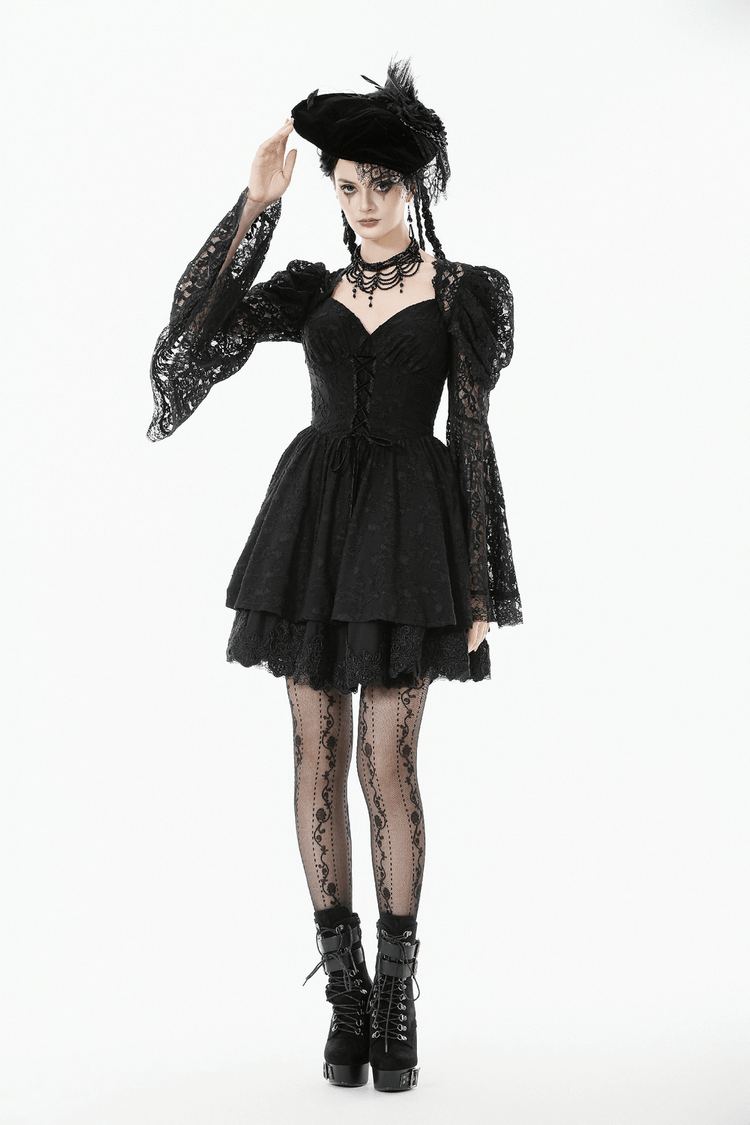Black Lace-Up Gothic Mini Dress with Bell Sleeves - image 16