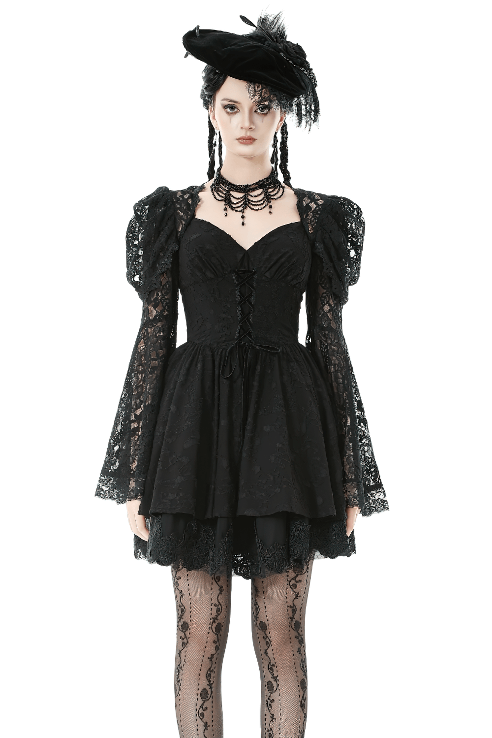 Black Lace-Up Gothic Mini Dress with Bell Sleeves - image 1