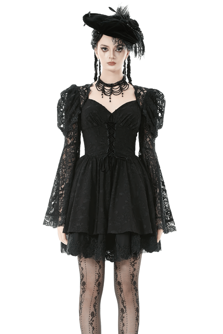 Black Lace-Up Gothic Mini Dress with Bell Sleeves - image 1