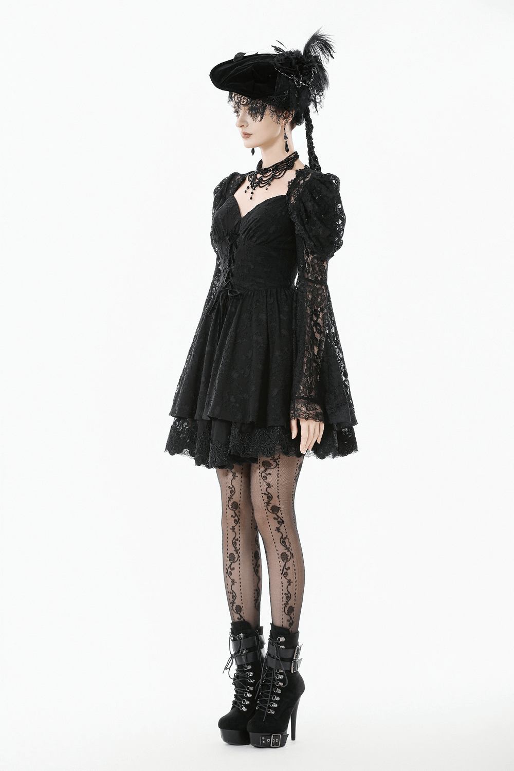 Black Lace-Up Gothic Mini Dress with Bell Sleeves - image 17