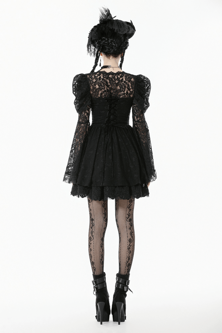 Black Lace-Up Gothic Mini Dress with Bell Sleeves - image 18
