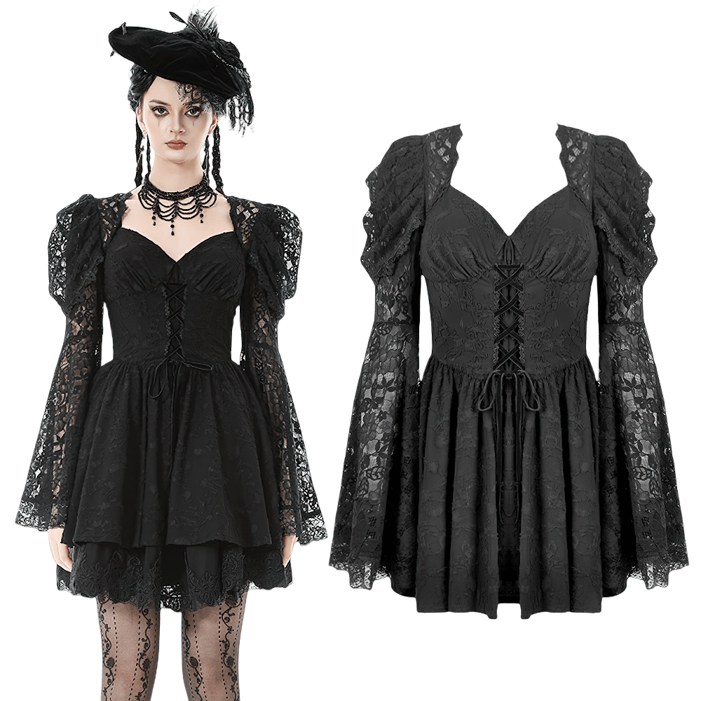 Black Lace-Up Gothic Mini Dress with Bell Sleeves - image 3