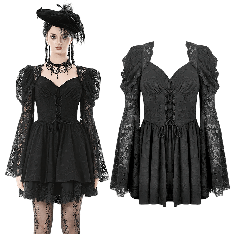 Black Lace-Up Gothic Mini Dress with Bell Sleeves - image 3