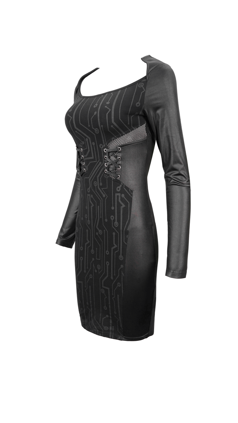Black Long Sleeve Mini Dress / Dress in Gothic Style with Lace-up Waist - image 4