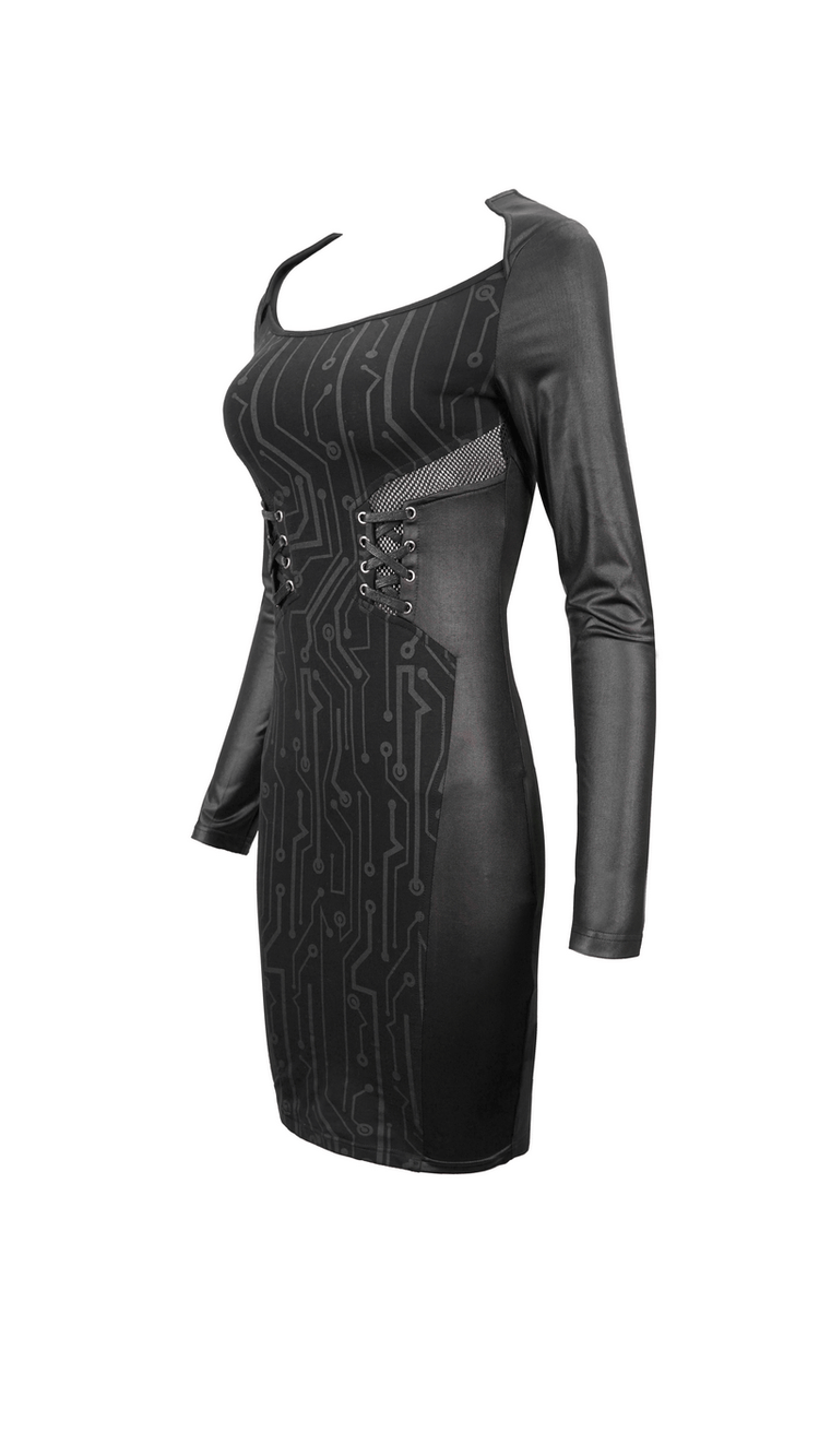 Black Long Sleeve Mini Dress / Dress in Gothic Style with Lace-up Waist - image 4