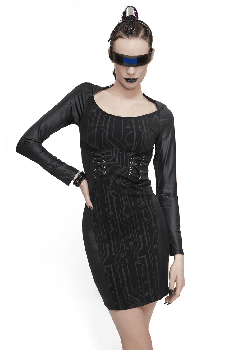 Black Long Sleeve Mini Dress / Dress in Gothic Style with Lace-up Waist - image 1