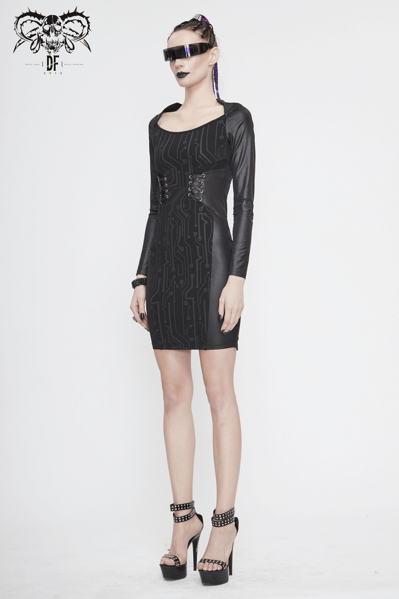 Black Long Sleeve Mini Dress / Dress in Gothic Style with Lace-up Waist - image 15