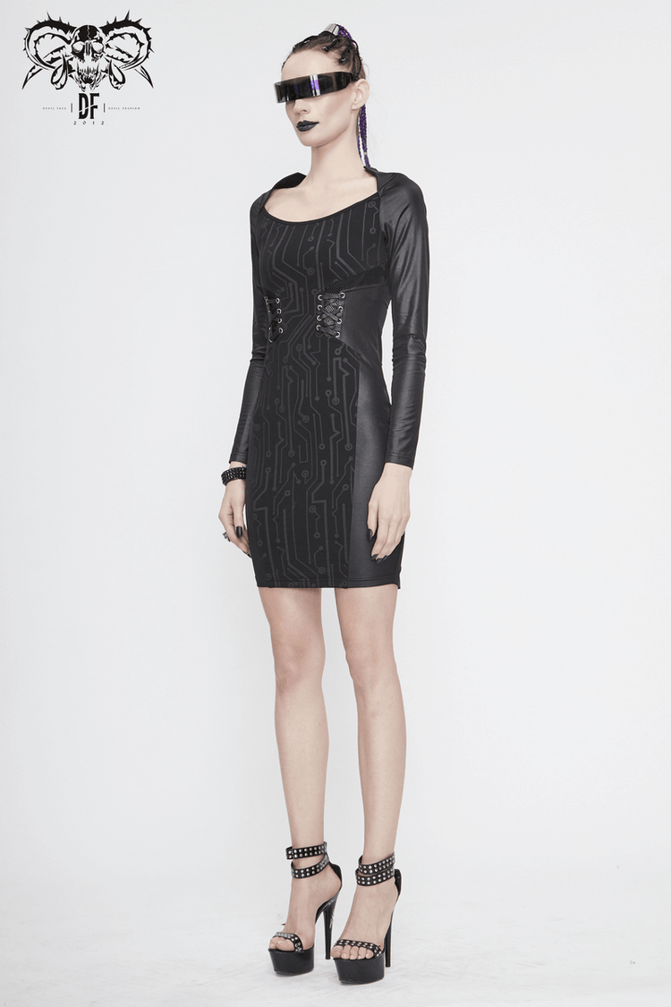 Black Long Sleeve Mini Dress / Dress in Gothic Style with Lace-up Waist - image 15