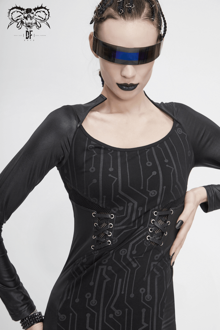 Black Long Sleeve Mini Dress / Dress in Gothic Style with Lace-up Waist - image 11