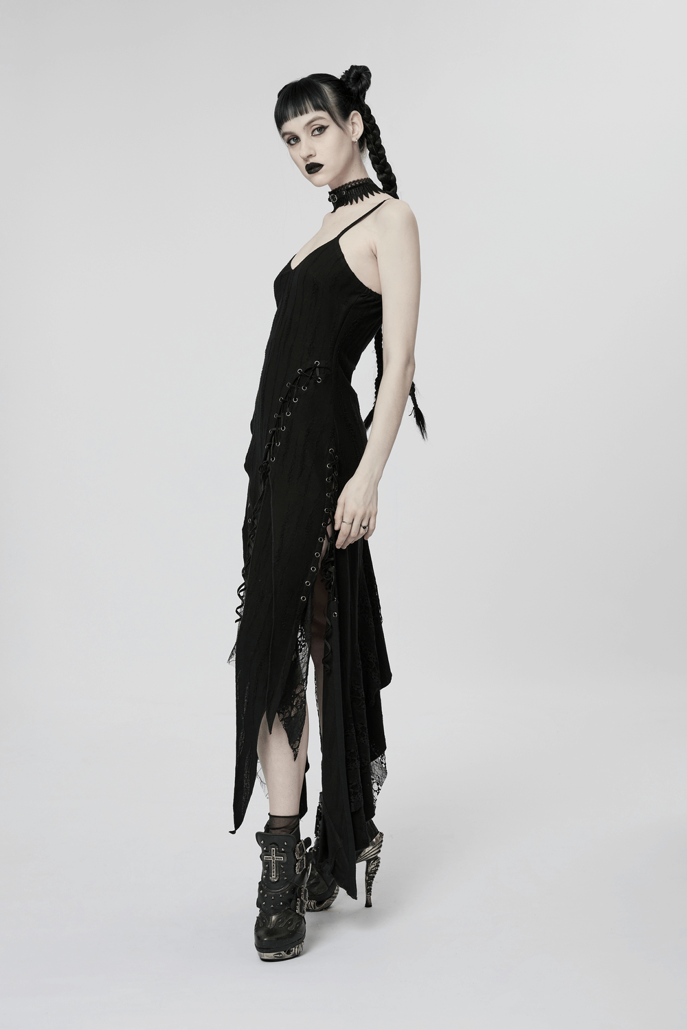 Black Mesh Lace Asymmetrical Pointed Gothic Dress - image 14