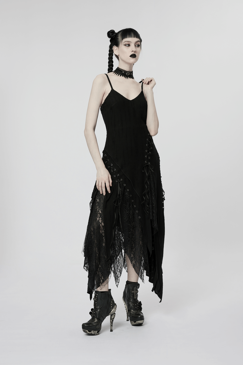 Black Mesh Lace Asymmetrical Pointed Gothic Dress - image 13