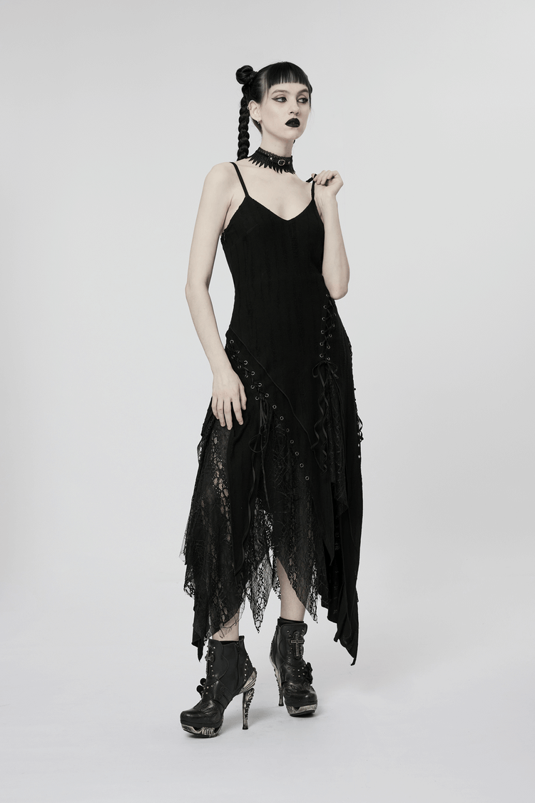 Black Mesh Lace Asymmetrical Pointed Gothic Dress - image 13
