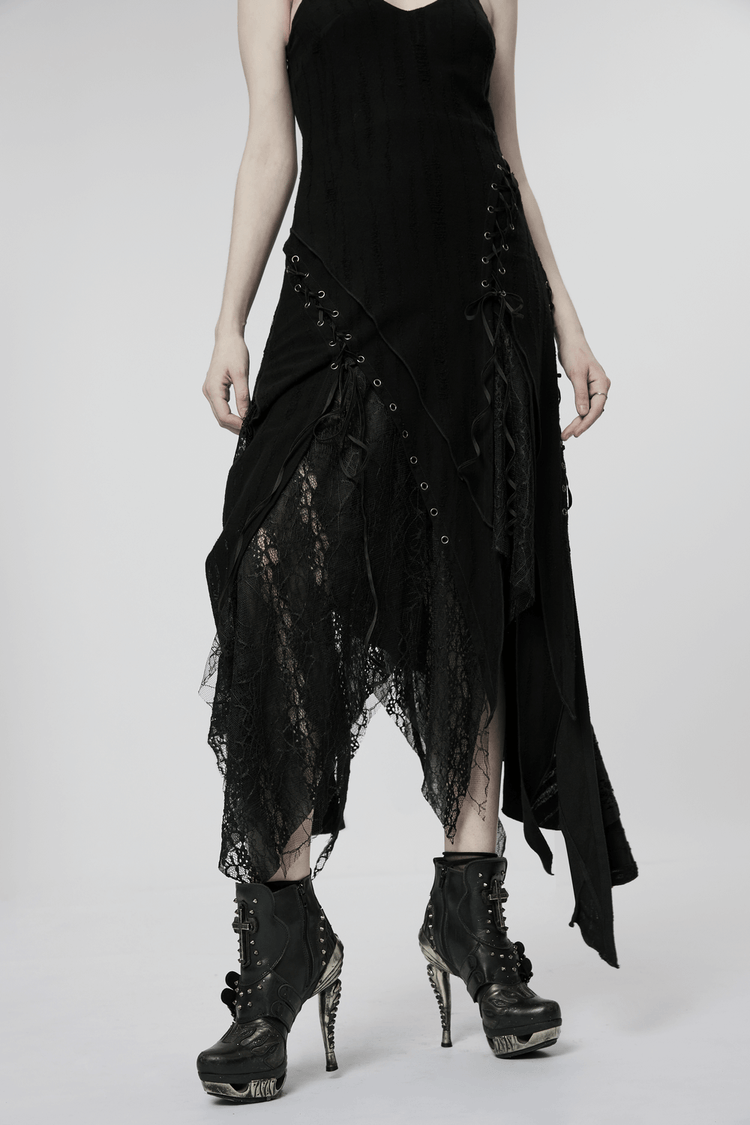 Black Mesh Lace Asymmetrical Pointed Gothic Dress - image 11
