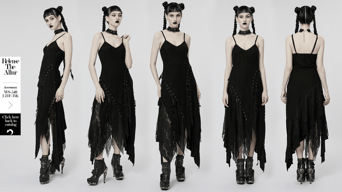 Black Mesh Lace Asymmetrical Pointed Gothic Dress - image 15