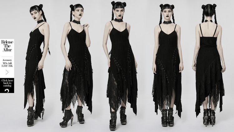 Black Mesh Lace Asymmetrical Pointed Gothic Dress - image 15
