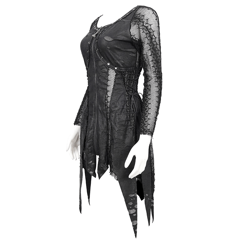 Black Net Splicing Irregular Short Dress / Gothic Women's Zipper Pull Front Dress - image 4