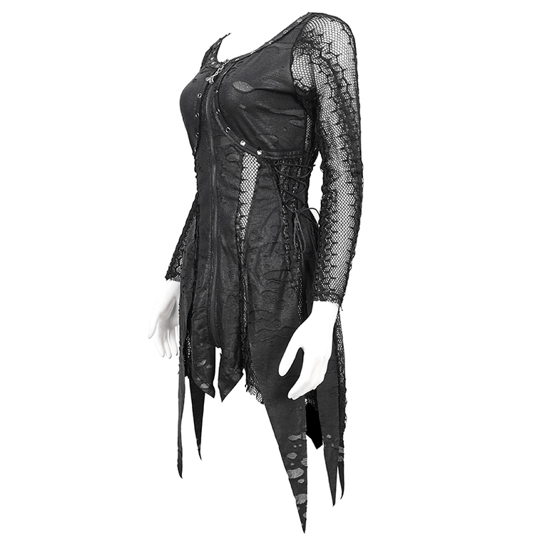 Black Net Splicing Irregular Short Dress / Gothic Women's Zipper Pull Front Dress - image 4