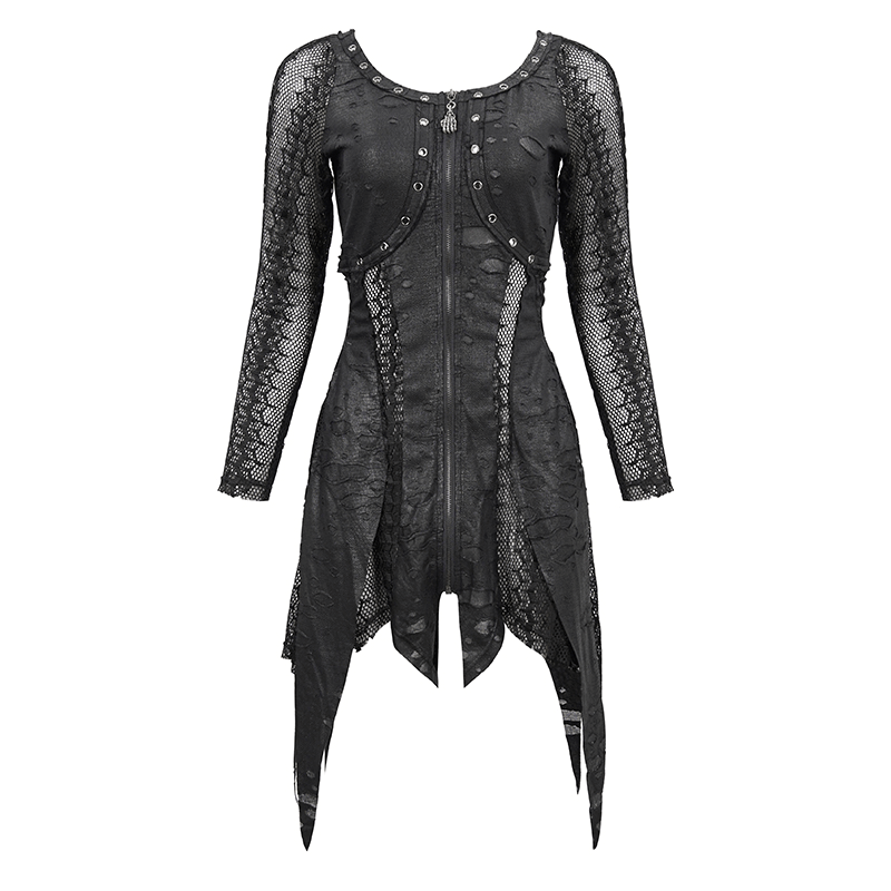 Black Net Splicing Irregular Short Dress / Gothic Women's Zipper Pull Front Dress - image 3