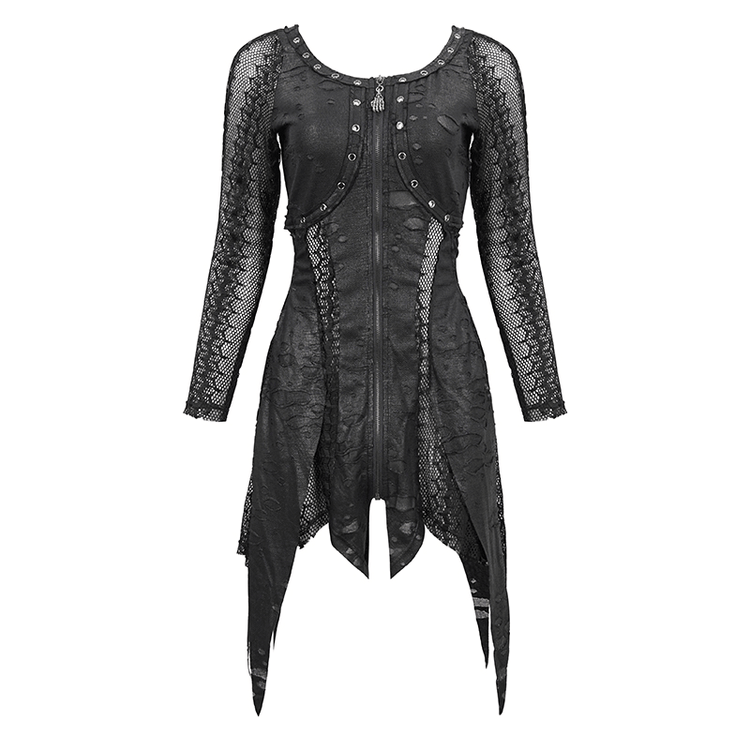 Black Net Splicing Irregular Short Dress / Gothic Women's Zipper Pull Front Dress - image 3