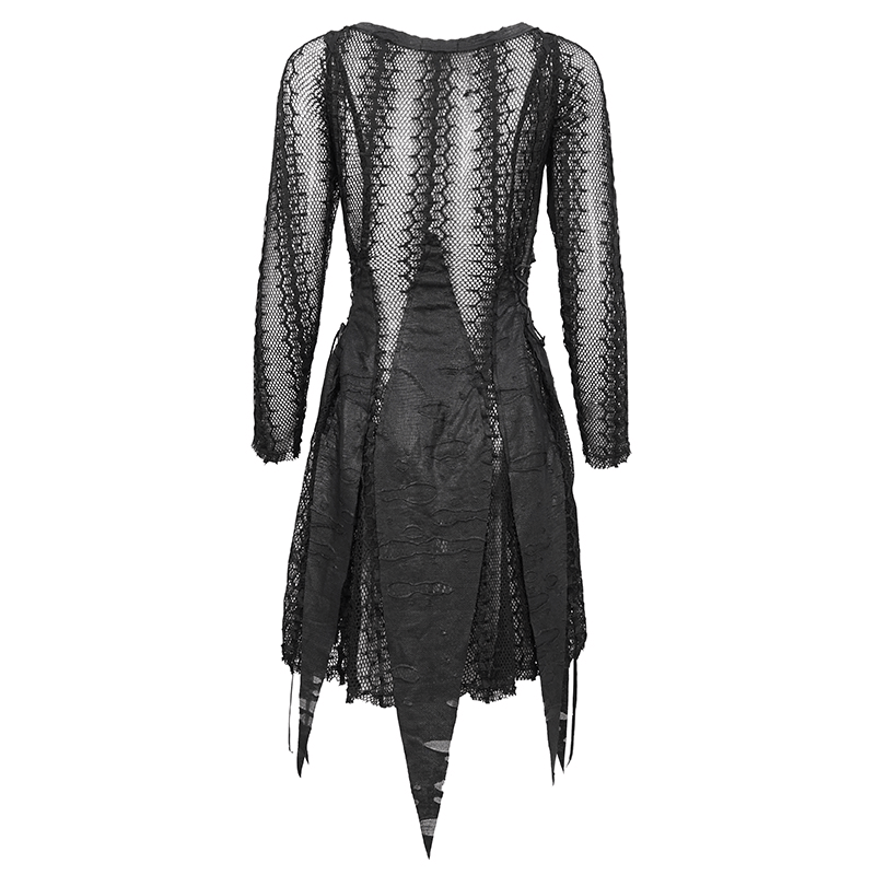 Black Net Splicing Irregular Short Dress / Gothic Women's Zipper Pull Front Dress - image 5