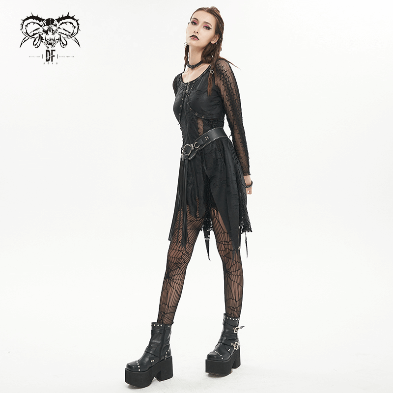 Black Net Splicing Irregular Short Dress / Gothic Women's Zipper Pull Front Dress - image 8