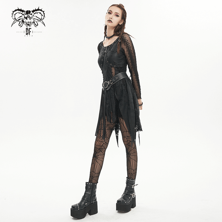Black Net Splicing Irregular Short Dress / Gothic Women's Zipper Pull Front Dress - image 8