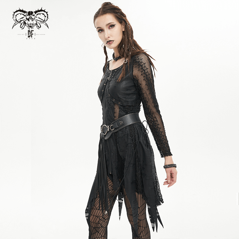 Black Net Splicing Irregular Short Dress / Gothic Women's Zipper Pull Front Dress - image 9