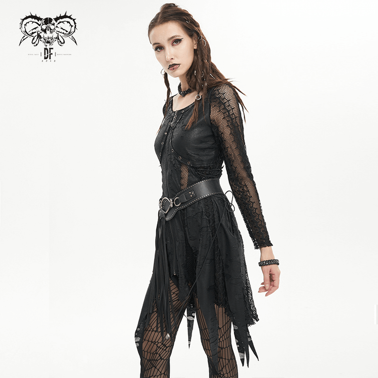 Black Net Splicing Irregular Short Dress / Gothic Women's Zipper Pull Front Dress - image 9