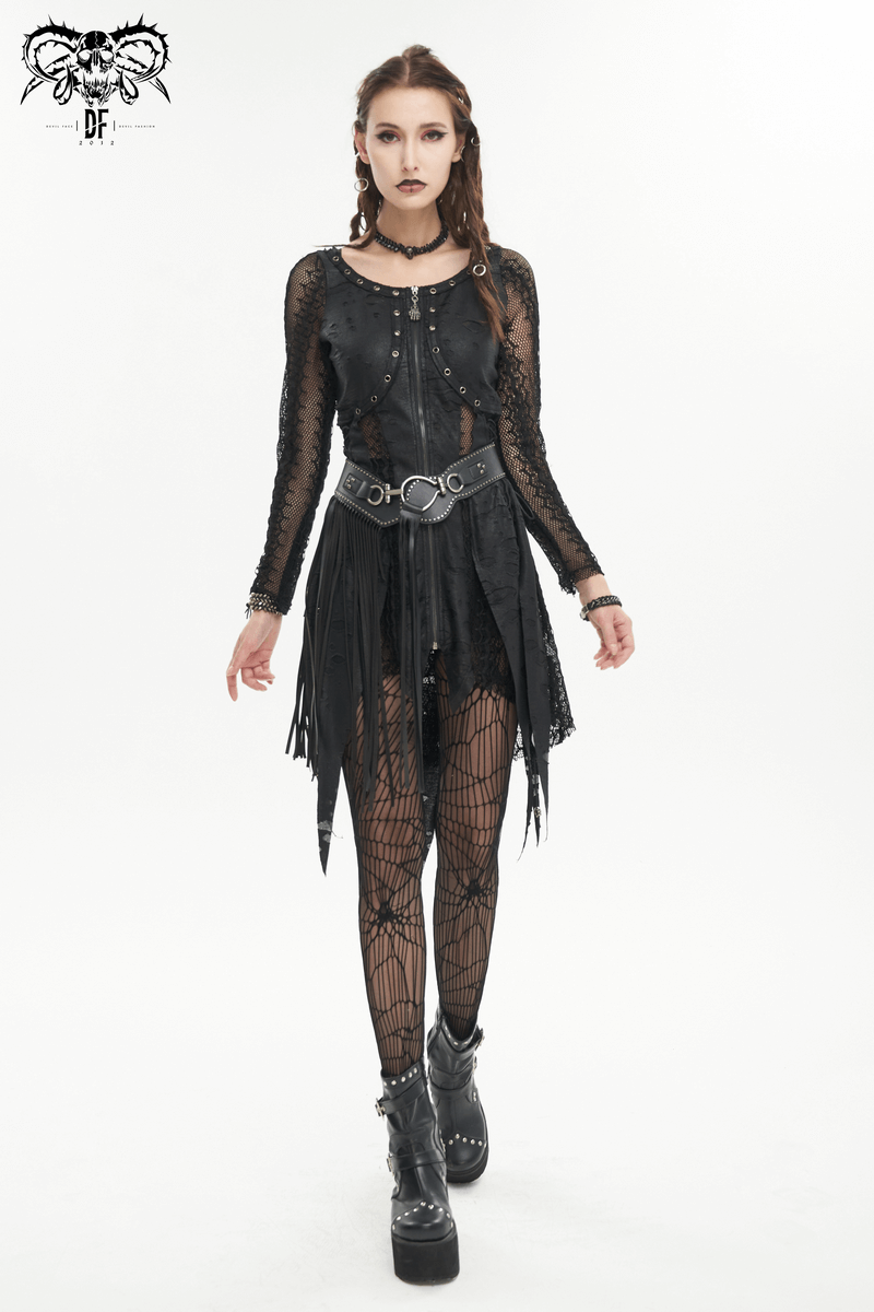 Black Net Splicing Irregular Short Dress / Gothic Women's Zipper Pull Front Dress - image 11