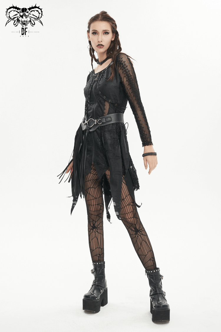 Black Net Splicing Irregular Short Dress / Gothic Women's Zipper Pull Front Dress - image 13