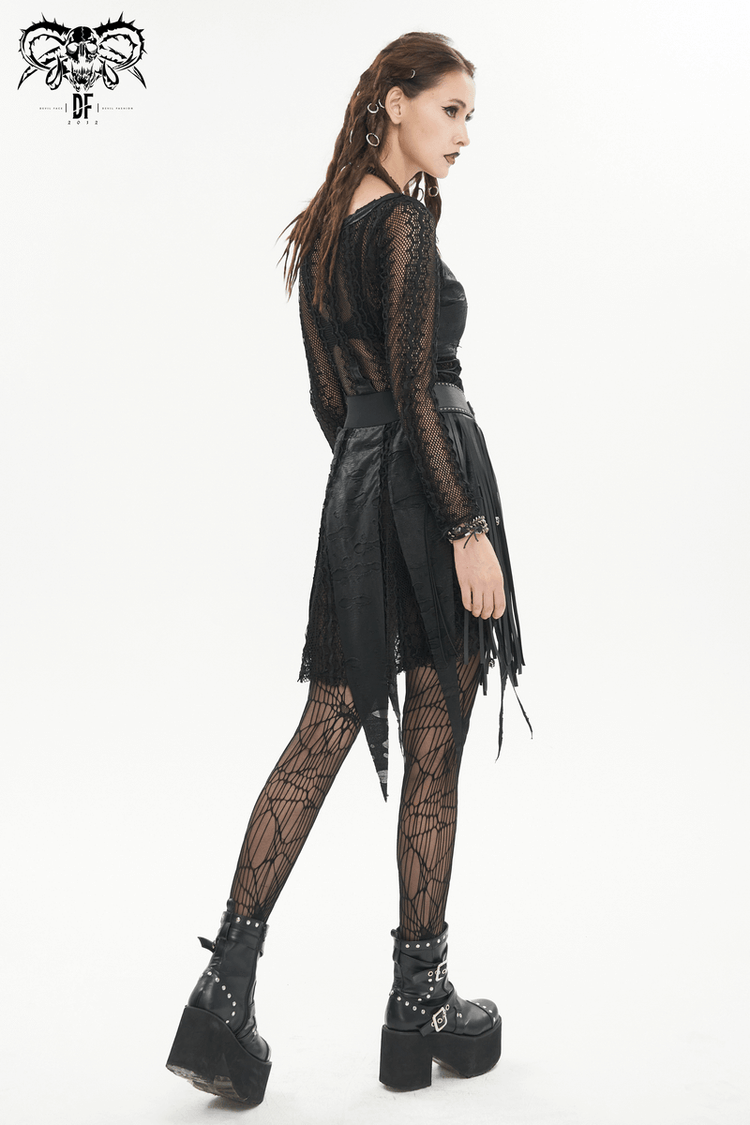 Black Net Splicing Irregular Short Dress / Gothic Women's Zipper Pull Front Dress - image 12