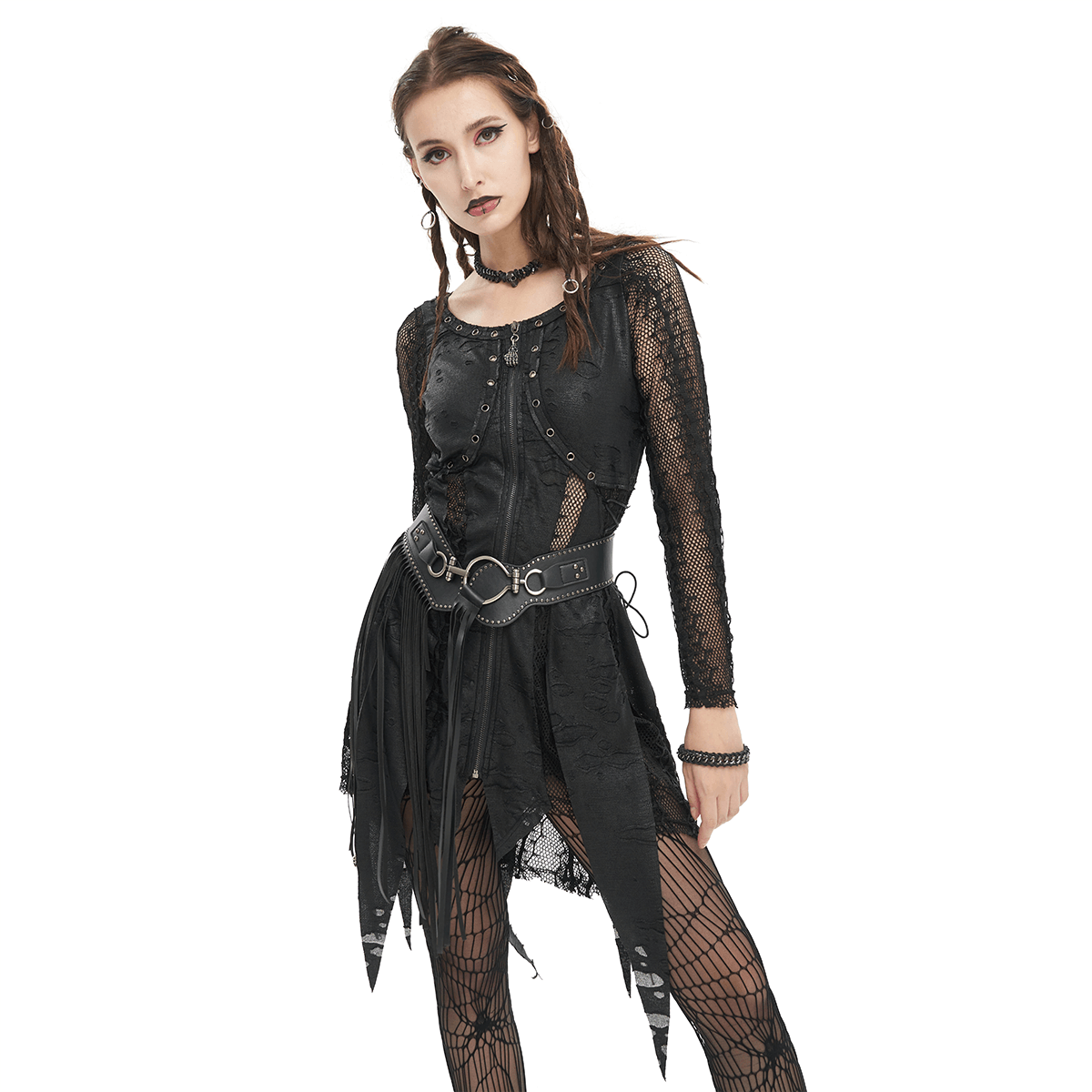 Black Net Splicing Irregular Short Dress / Gothic Women's Zipper Pull Front Dress - image 1