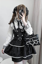 Black Plaid Printed Pearl-Decorated Sweet Jirai Kei Japanese Strap Dress Set - image 1
