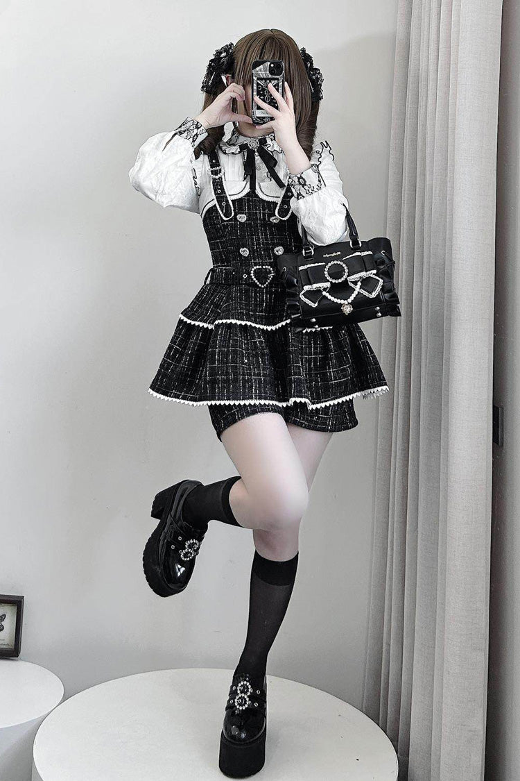 Black Plaid Printed Pearl-Decorated Sweet Jirai Kei Japanese Strap Dress Set - image 4