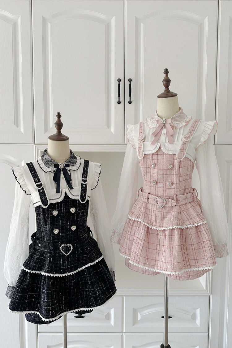Black Plaid Printed Pearl-Decorated Sweet Jirai Kei Japanese Strap Dress Set - image 6