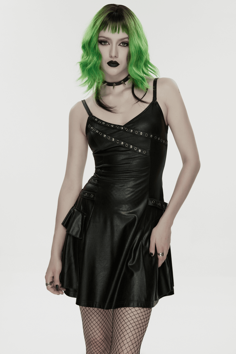 Black Punk A-Line Slip Dress with Rivets and Lace-Up Back - image 11