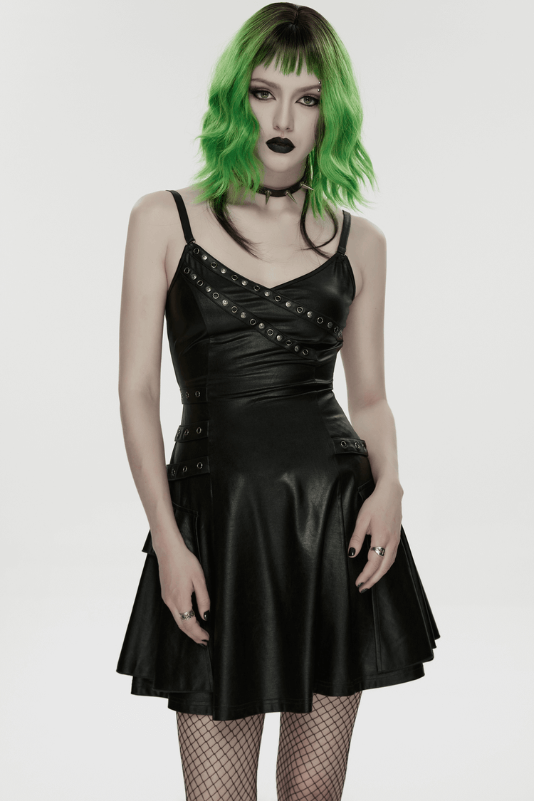 Black Punk A-Line Slip Dress with Rivets and Lace-Up Back - image 12