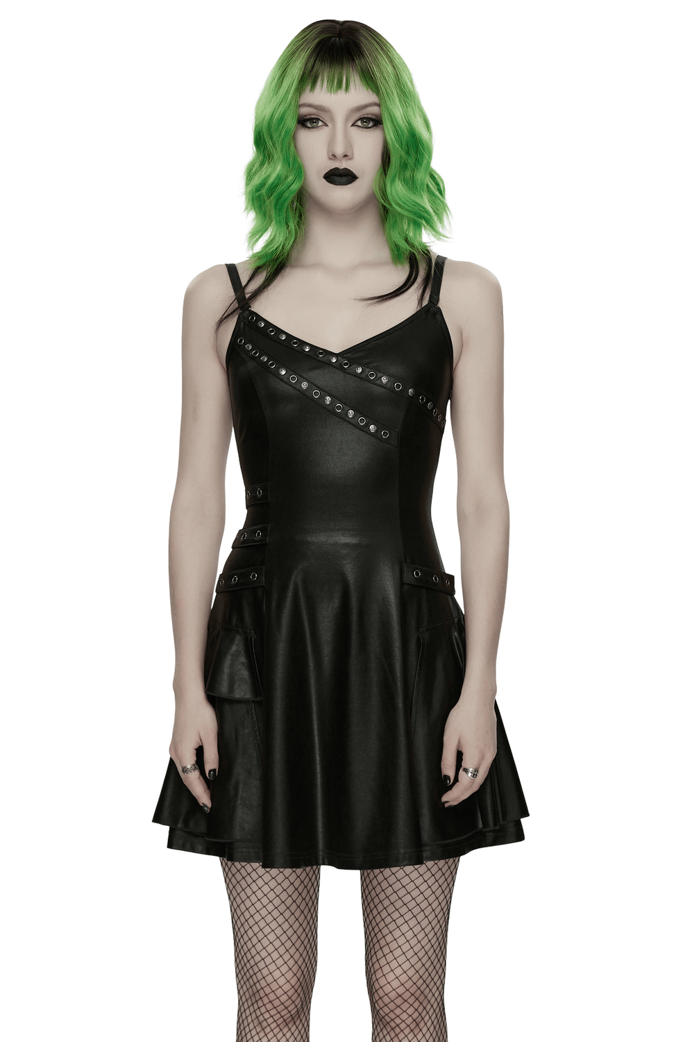 Black Punk A-Line Slip Dress with Rivets and Lace-Up Back - image 1