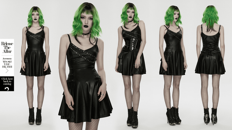 Black Punk A-Line Slip Dress with Rivets and Lace-Up Back - image 15
