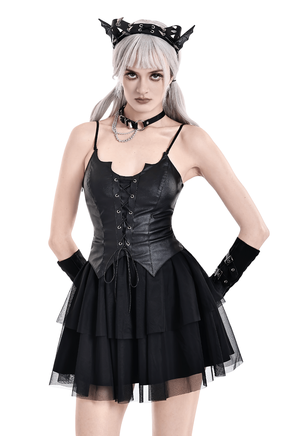 Black Punk Cami Dress with Faux Leather Bodice - image 1